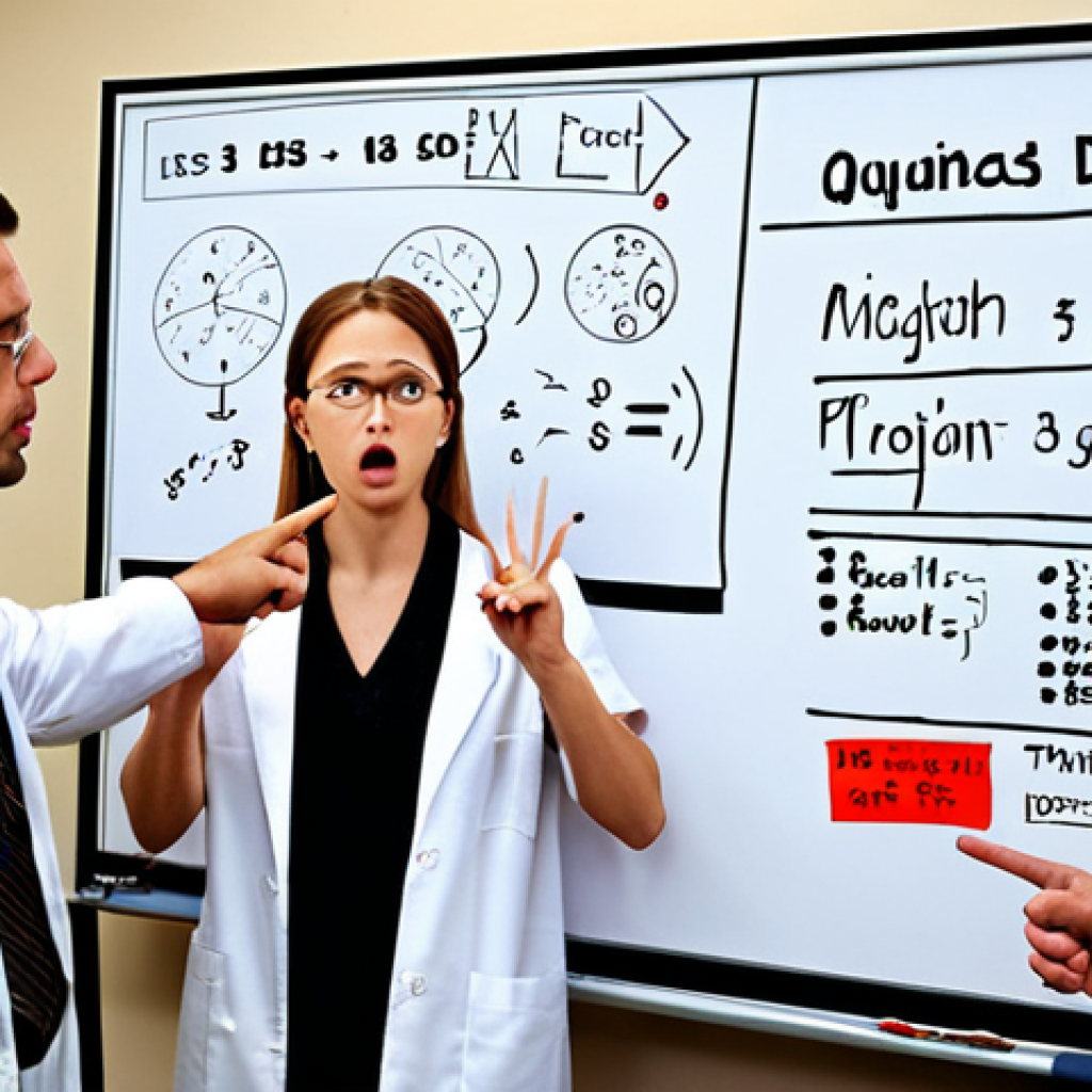 ** "A tense lab meeting. Researchers with frustrated expressions argue about experiment design details, pointing at a whiteboard covered with diagrams and equations. Focus on conflicting opinions and body language showcasing disagreement. Modern lab setting." **