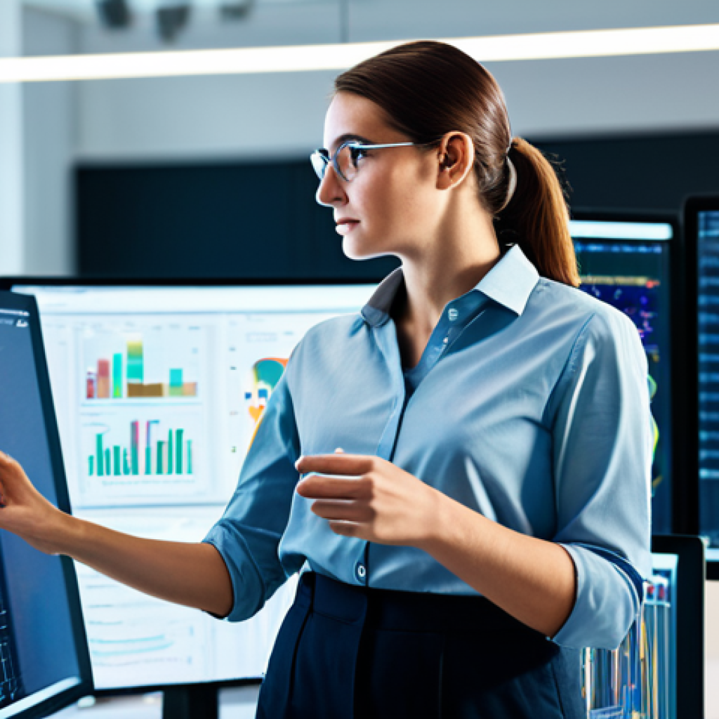 A professional female data scientist, dressed in a modest and smart business casual outfit, stands confidently in a modern, brightly lit tech office. She is interacting with a transparent holographic display showing complex algorithms and dynamic data visualizations. Her expression is thoughtful and focused, conveying deep analytical insight. The background features sleek computer workstations and a subtle glow from servers, emphasizing a cutting-edge technological environment. The scene is well-lit, with a high-resolution, sharp focus. safe for work, appropriate content, fully clothed, professional, perfect anatomy, correct proportions, natural pose, well-formed hands, proper finger count, natural body proportions.