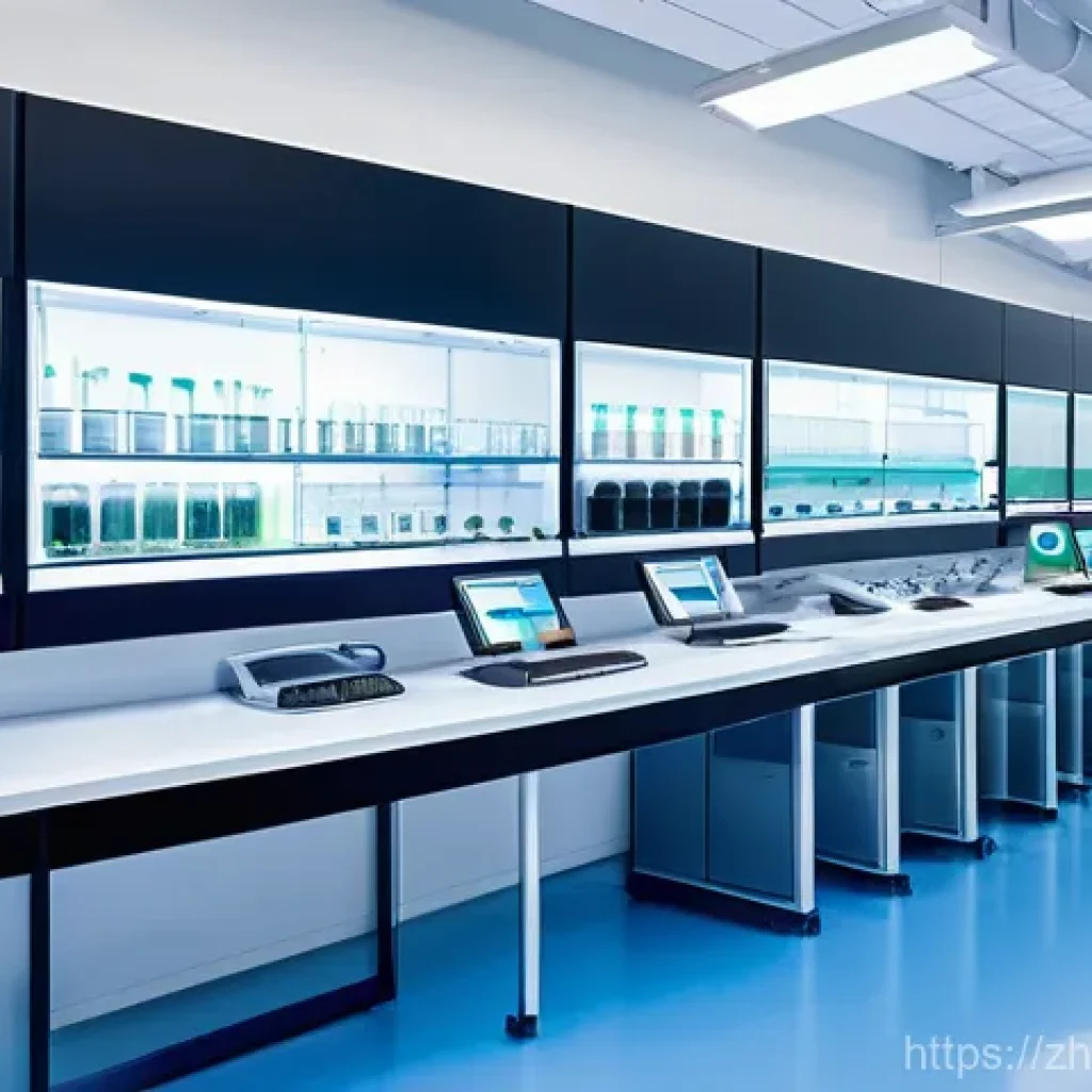 물리학 연구실의 관리와 운영 - **Prompt 1: The Hyper-Connected Automated Physics Lab** A wide-angle, brightly lit, modern physi...