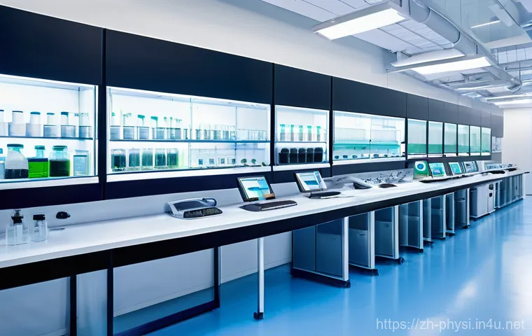 물리학 연구실의 관리와 운영 - **Prompt 1: The Hyper-Connected Automated Physics Lab** A wide-angle, brightly lit, modern physi...