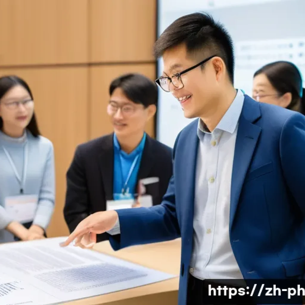 물리학 학회 네트워킹 팁 - A modern academic conference scene set in a large, well-lit hall with diverse physicists engaging in...