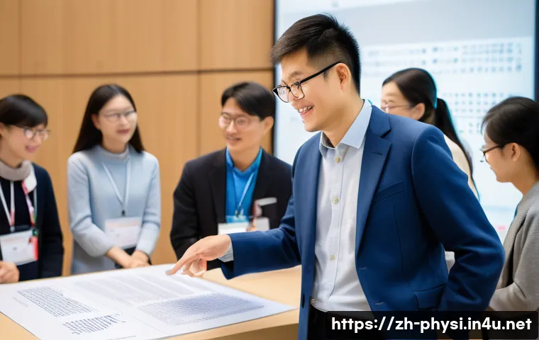 물리학 학회 네트워킹 팁 - A modern academic conference scene set in a large, well-lit hall with diverse physicists engaging in...