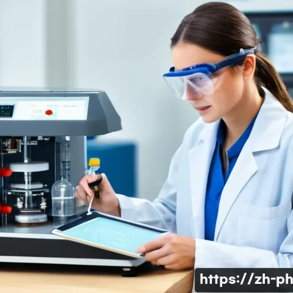 물리학 실험 보고서 작성법 - A modern physics laboratory scene with a young female scientist wearing safety goggles and a lab coa...