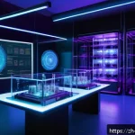 물리학과 혁신 기술의 연결점 - A futuristic quantum computing laboratory scene showcasing a sleek quantum computer with glowing qub...