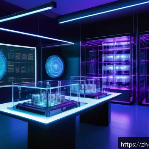 물리학과 혁신 기술의 연결점 - A futuristic quantum computing laboratory scene showcasing a sleek quantum computer with glowing qub...