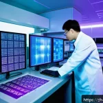 물리학자와 기업 연구소 - A high-tech laboratory scene showcasing scientists in modern lab coats examining a quantum semicondu...