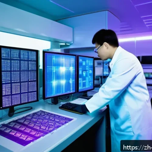 물리학자와 기업 연구소 - A high-tech laboratory scene showcasing scientists in modern lab coats examining a quantum semicondu...
