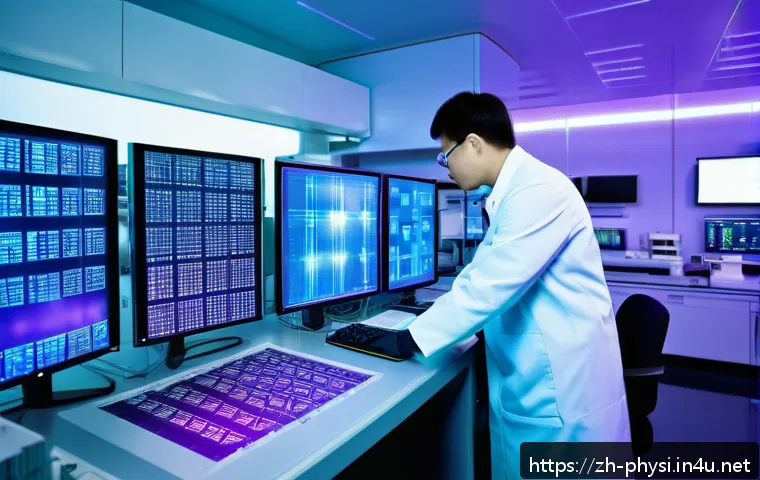 물리학자와 기업 연구소 - A high-tech laboratory scene showcasing scientists in modern lab coats examining a quantum semicondu...