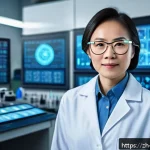 물리학 분야의 여성 과학자 - A portrait of a distinguished female physicist in a modern laboratory setting, wearing professional ...