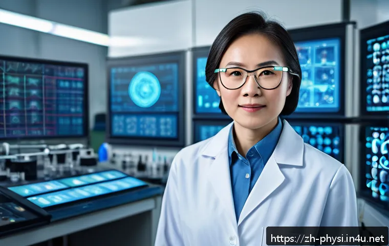 물리학 분야의 여성 과학자 - A portrait of a distinguished female physicist in a modern laboratory setting, wearing professional ...